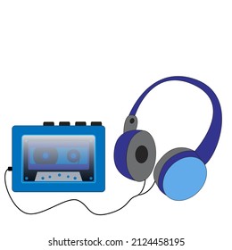 Cassette audio player and headphones isolated by white background.