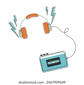 Cassette audio player with headphones. Vintage player in style of 80s, 90s. Music headset. Retro illustration. Flat vector isolated on white background.