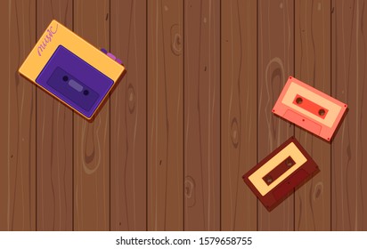 Cassette audio player and two audio cassettes on a wooden table. Vector illustration with vintage technique.