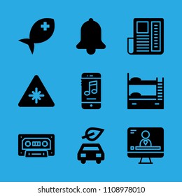 cassette, bell, bunk, news paper, laser, television, smartphone, fish and electric car vector icon. Simple icons set