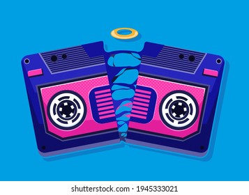 Cassette broken illustration. Vector fun art