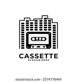 Cassette with building logo vector. City pop logo design. Cassette tape retro logo vector illustration template design