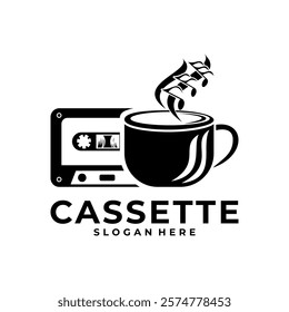 Cassette with coffee logo. music cafe logo design template. Cassette tape retro logo vector illustration template design