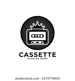 Cassette with Crown logo vintage style. Cassette tape retro logo vector illustration template design