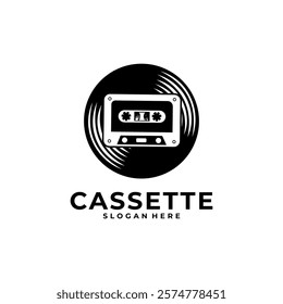 Cassette disc and tape combination logo design. Cassette tape retro logo vector illustration template design