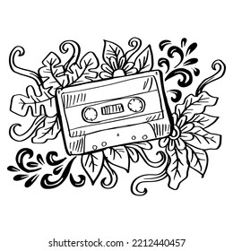 Cassette doodle hand drawing with floral decoration.