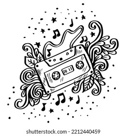 Cassette doodle hand drawing with floral decoration.