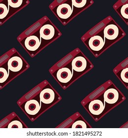 Cassette doodle seamless pattern. Simple diagonal music print with maroon ornament and black background. Great for wallpaper, textile, wrapping paper, fabric print. Vector illustration.