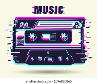 Cassette with glitch effect isolated on white. Vector illustration