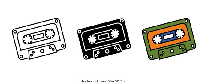 Cassette icon. Audio cassette record vector illustration. Vintage video tape symbol. Analog media magnetic tape sign. Retro 80s audio cassette music pictogram. Plastic colorful audio record concept.