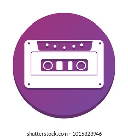 Cassette icon, audio tape sign. Vector. White icon with flat shadow on purpureus circle at white background. Isolated.