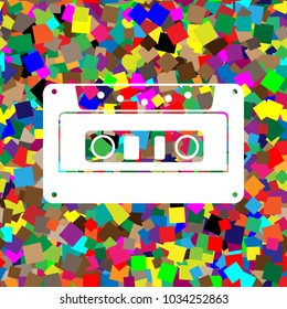 Cassette icon, audio tape sign. Vector. White icon on colorful background with seamless pattern from squares.