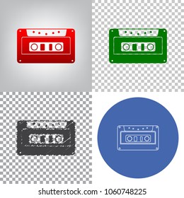 Cassette icon, audio tape sign. Vector. 4 styles. Red gradient in radial lighted background, green flat and gray scribble icons on transparent and linear one in blue circle.