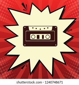 Cassette icon, audio tape sign. Vector. Dark red icon in lemon chiffon shutter bubble at red popart background with rays.