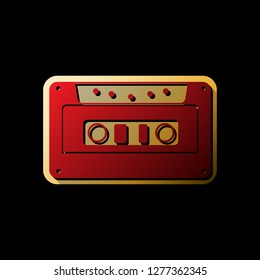 Cassette icon, audio tape sign. Vector. Red icon with small black and limitless shadows at golden sticker on black background.