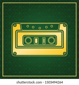 Cassette icon, audio tape sign. Golden icon with gold contour at dark green gridded white background. Illustration.