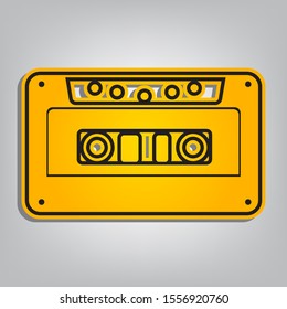 Cassette icon, audio tape sign. Flat orange icon with overlapping linear black icon with gray shadow at whitish background. Illustration.