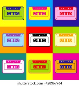 Cassette icon, audio tape sign. Pop-art style colorful icons set with 3 colors.