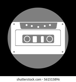 Cassette icon, audio tape sign. White icon in gray circle at black background. Circumscribed circle. Circumcircle.