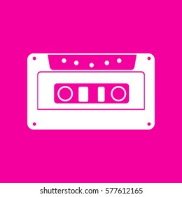 Cassette icon, audio tape sign. White icon at magenta background.