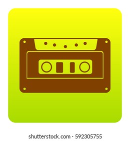 Cassette icon, audio tape sign. Vector. Brown icon at green-yellow gradient square with rounded corners on white background. Isolated.