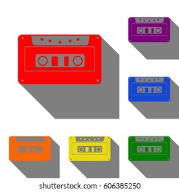 Cassette icon, audio tape sign. Set of red, orange, yellow, green, blue and violet icons at white background with flat shadow.