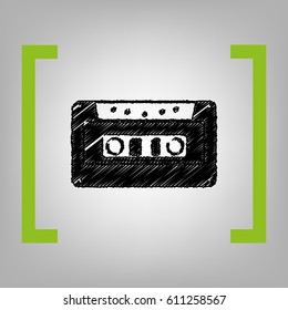Cassette icon, audio tape sign. Vector. Black scribble icon in citron brackets on grayish background.