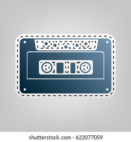 Cassette icon, audio tape sign. Vector. Blue icon with outline for cutting out at gray background.
