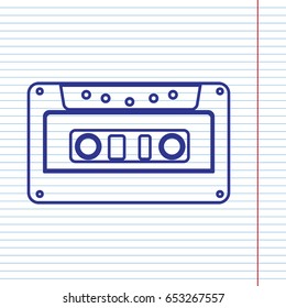 Cassette icon, audio tape sign. Vector. Navy line icon on notebook paper as background with red line for field.