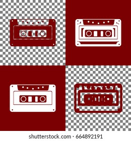 Cassette icon, audio tape sign. Vector. Bordo and white icons and line icons on chess board with transparent background.