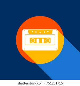 Cassette icon, audio tape sign. Vector. White icon on tangelo circle with infinite shadow of light at cool black background. Selective yellow and bright navy blue are produced.