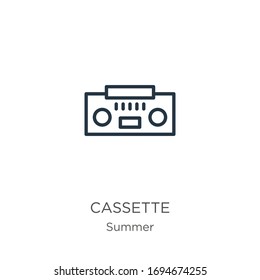 Cassette icon. Thin linear cassette outline icon isolated on white background from summer collection. Line vector sign, symbol for web and mobile