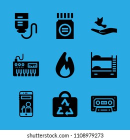 cassette, medicine, dove of peace, fire, piano, drop counter, smartphone, bunk and bag vector icon. Simple icons set