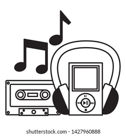 cassette mp3 and headphone instrument and equipment festival music vector illustration