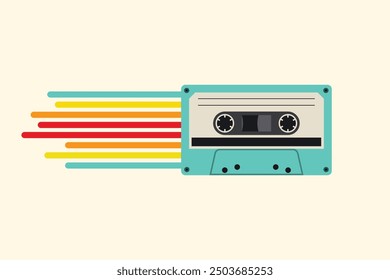 A cassette with a multi-colored trail of paint left by a trace, in the style of pop art.