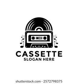 Cassette Music logo vector illustration. Disc and Tape cassette vector with note music logo design template