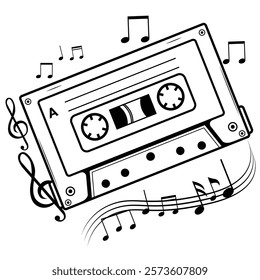 Cassette with music notes illustration. Retro tapes drawing	
