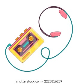 Cassette music player with headphones. Vector illustration of an old music player. Isolated on white background