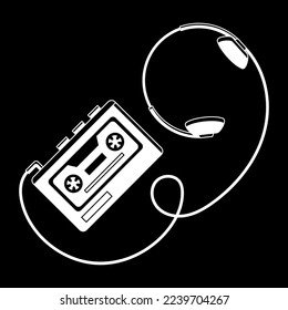 Cassette music player with headphones. Vector illustration of an old music player. Black and white, silhouette on black background. Isolated 