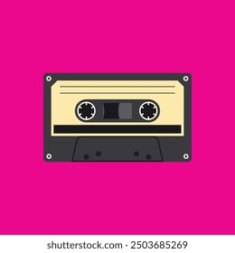 Un cassette sobre un fondo rosa, estilo retro, aspecto vintage, un artículo de colección.