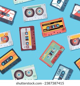 Cassette pattern. audio tape retro vector cartoon seamless background