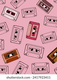 Patrones de cassette coloridos y lisos sobre fondo rosado para el paquete de marca, impresión de tela, papel pintado, publicación en medios sociales, doodle, notas, portadas de libros, decoración de pared.