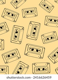 Cassette patterns on yellow background for business presentation, branding package, fabric print, wallpaper, social media post, doodle, notes, book covers, wall decor.