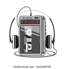 Cassette player with headphones vector illustration. 80s technology. Portable audio cassette player. 90s music. Retro style 90s illustration.