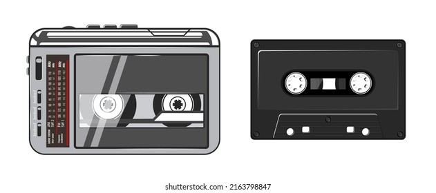 Cassette player with headphones vector illustration. 80s technology. Portable audio cassette player. 90s music. Retro style 90s illustration.