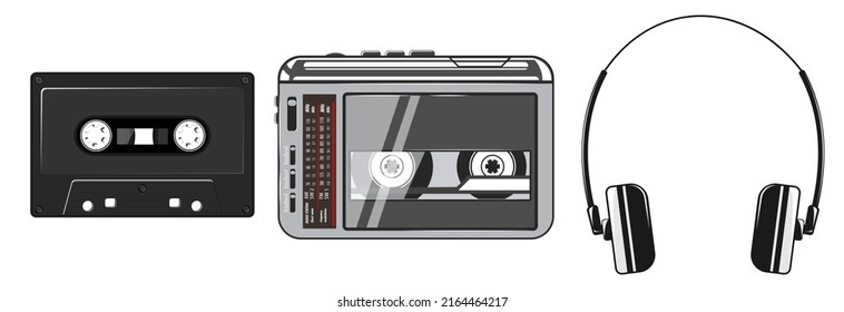 Cassette player with headphones vector illustration. 80s technology. Portable audio cassette player. 90s music. Retro style 90s illustration.