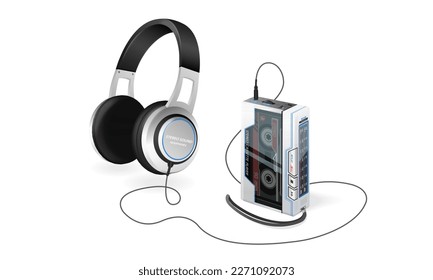 Cassette player with headphones vector illustration. 80s technology. Portable audio cassette player. 90s music. Retro style 90s illustration.