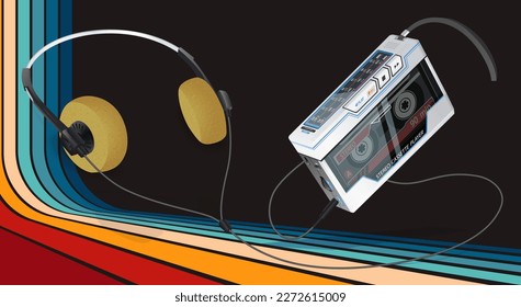 Cassette player with headphones vector illustration. 80s technology. Portable audio cassette player. 90s music. Retro style 90s illustration.