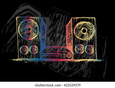 Cassette player with loudspeakers. Sketchy style.