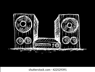 Cassette player with loudspeakers. Sketchy style.